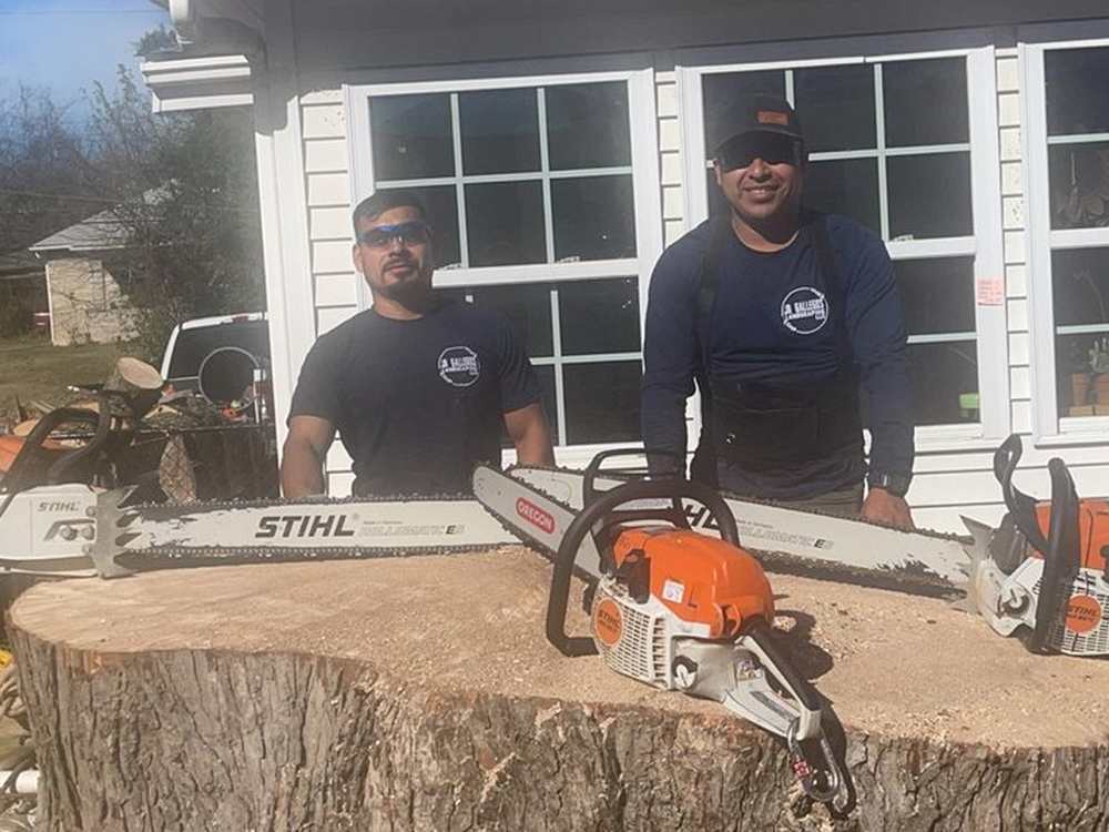 Two men in branded JR Gallegos shirts standing behind a large freshly cut tree stump with three STIHL chainsaws laid across it, outside a white house.